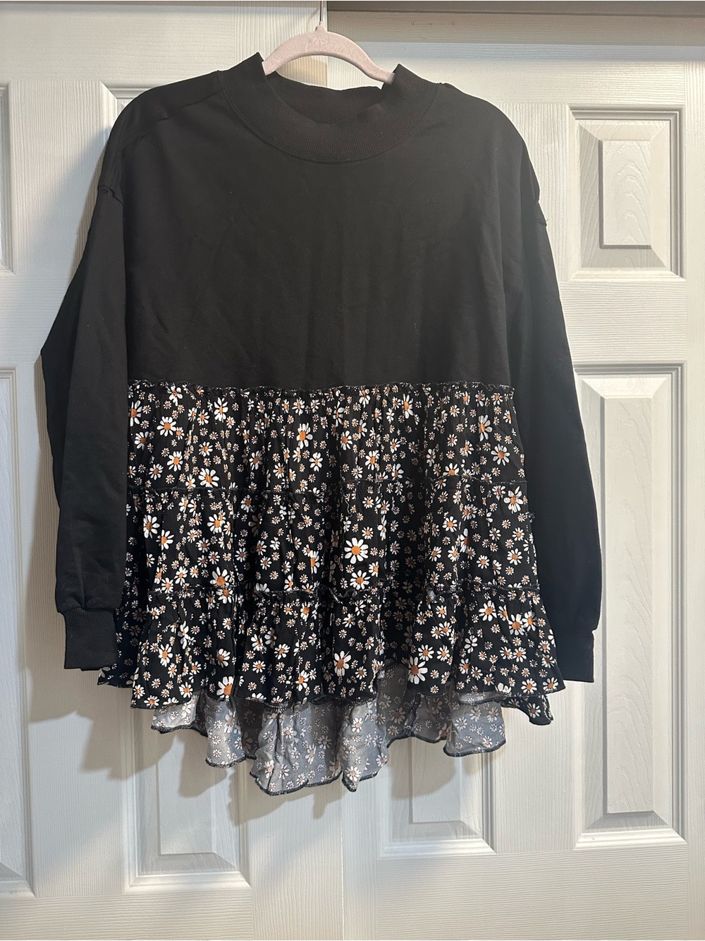 Three Bird Nest Black Floral Tiered Ruffle Sweatshirt